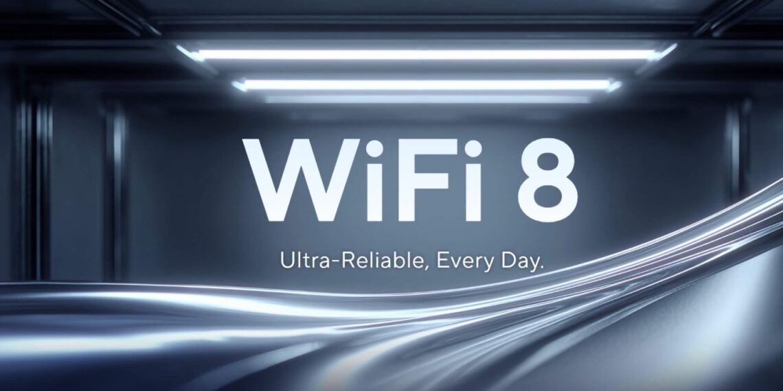 تصویر گرافیکی مفهومی با محوریت فناوری Wi‑Fi 8، نمایش تایپوگرافی WiFi 8 و شعار Ultra‑Reliable, Every Day روی پس‌زمینه‌ای آینده‌نگر با خطوط نوری جریان‌مانند، بیانگر نسل جدید ارتباط بی‌سیم پایدار