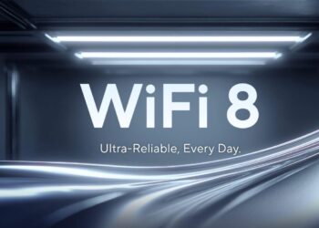 تصویر گرافیکی مفهومی با محوریت فناوری Wi‑Fi 8، نمایش تایپوگرافی WiFi 8 و شعار Ultra‑Reliable, Every Day روی پس‌زمینه‌ای آینده‌نگر با خطوط نوری جریان‌مانند، بیانگر نسل جدید ارتباط بی‌سیم پایدار