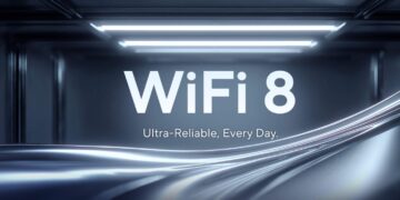 تصویر گرافیکی مفهومی با محوریت فناوری Wi‑Fi 8، نمایش تایپوگرافی WiFi 8 و شعار Ultra‑Reliable, Every Day روی پس‌زمینه‌ای آینده‌نگر با خطوط نوری جریان‌مانند، بیانگر نسل جدید ارتباط بی‌سیم پایدار