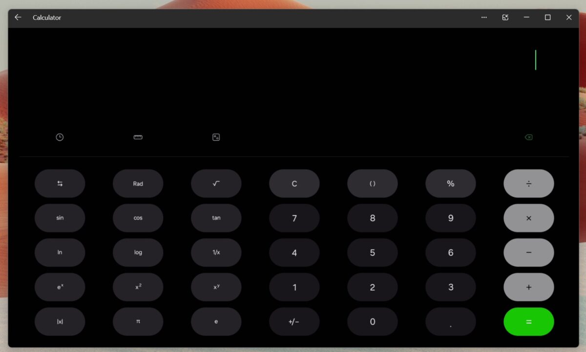 نمایش اپلیکیشن ماشین‌حساب اندروید در حالت تمام‌صفحه (Landscape) روی ویندوز ۱۱.