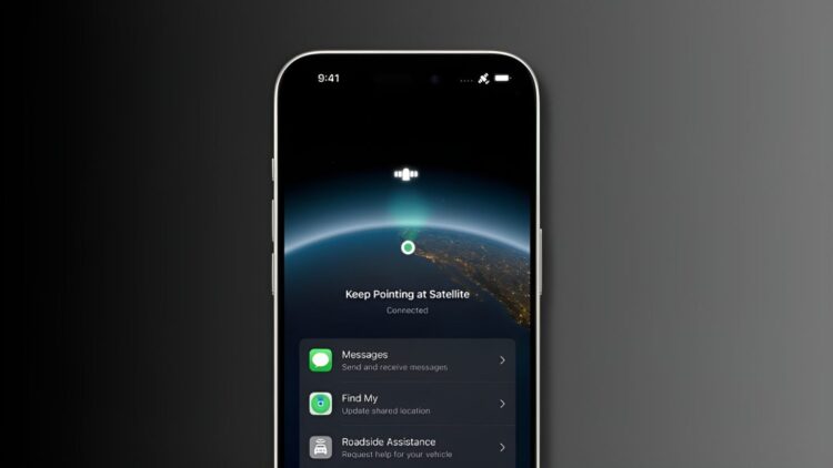 صفحه نمایش آیفون که رابط کاربری اتصال به ماهواره و گزینههای پیامرسانی و امداد جادهای را نشان میدهد.