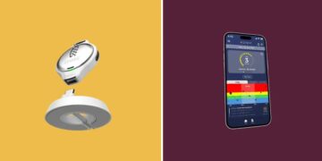 دستگاه پایش قند خون Isaac در کنار پایه شارژ و اپلیکیشن موبایل مربوطه که نمودار سطح گلوکز را نشان میدهد.