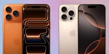 نمای پشت و جلوی دو مدل آیفون ۱۷ در رنگ‌های مسی (تیتانیوم بیابانی) و طلایی کم‌رنگ.