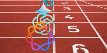 نمادهای گرافیکی مدل‌های مختلف هوش مصنوعی روی خط استارت یک پیست دو و میدانی.