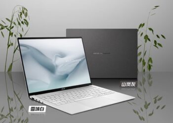 دو مدل لپ‌تاپ ایسوس ذن‌بوک ۱۴ ایر ۲۰۲۶ در رنگ‌های سفید برفی و خاکستری کوهستان.