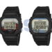 نمای مقایسه‌ای دو ساعت Casio G‑Shock DW‑5600 با قاب مربعی مشکی و صفحه‌های دیجیتال با طرح‌های الهام‌گرفته از مناظر و هنر سنتی ژاپن
