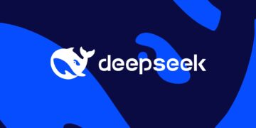 لوگوی رسمی شرکت DeepSeek شامل نماد یک وال سفید در یک دایره و نام برند با رنگ سفید در پس‌زمینه آبی تیره.