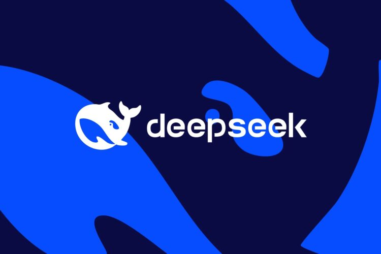 لوگوی رسمی شرکت DeepSeek شامل نماد یک وال سفید در یک دایره و نام برند با رنگ سفید در پس‌زمینه آبی تیره.