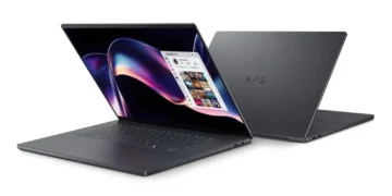 تصویر گرافیکی از نمای جلو و پشت لپ‌تاپ‌های جدید سری XPS دل با بدنه تیره و طراحی باریک.