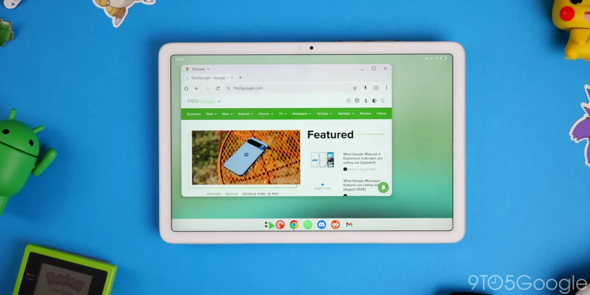 نمای حالت دسکتاپ در اندروید ۱۶ روی تبلت پیکسل در حال اجرای مرورگر کروم.