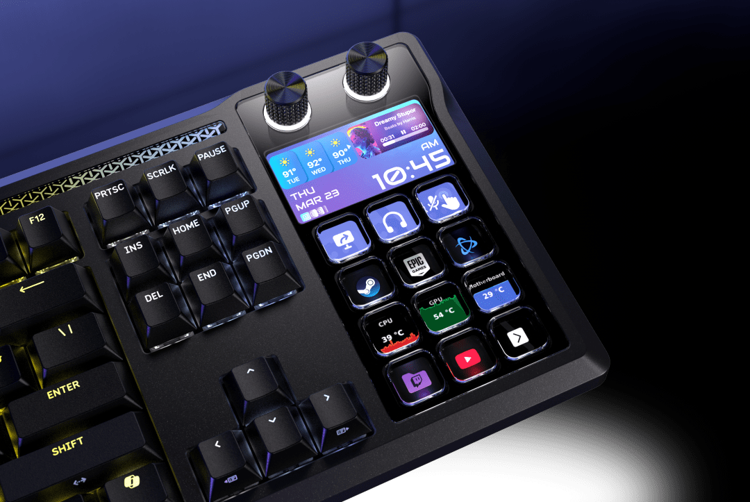 نمای نزدیک از بخش Stream Deck کیبورد Corsair Galleon 100 SD شامل نمایشگر رنگی اطلاعات، ساعت، وضعیت سیستم و کلیدهای LCD قابل شخصی‌سازی در کنار ناب‌های کنترلی فلزی