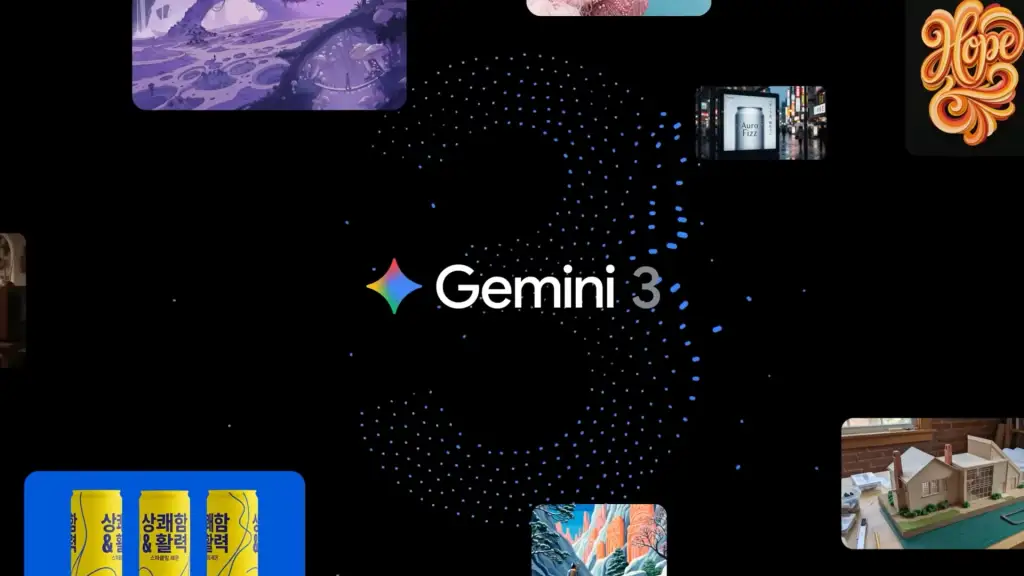 پوستر تبلیغاتی هوش مصنوعی Gemini 3 با پس‌زمینه مشکی و تصاویر هنری متنوع.