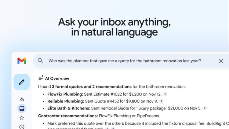 نمای رابط کاربری Gmail با قابلیت AI Overview که جستجوی زبان طبیعی در صندوق ورودی را نمایش می‌دهد؛ پرسش متنی درباره دریافت قیمت بازسازی حمام در نوار جستجو وارد شده و خلاصه هوشمند شامل تعداد پیشنهادها، نام شرکت‌ها، شماره پیش‌فاکتور، مبالغ دلاری و تاریخ ارسال ایمیل‌ها به‌صورت ساختاریافته نمایش داده شده است.