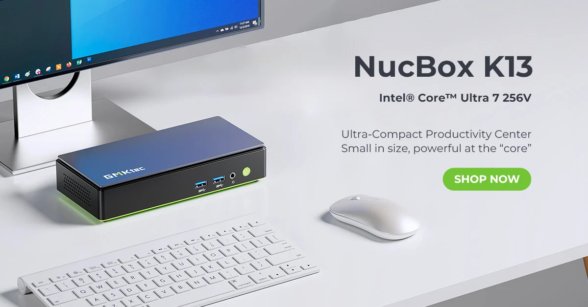 نمای نزدیک مینی پیسی GMKtec NucBox K13 روی میز در کنار کیبورد و ماوس.