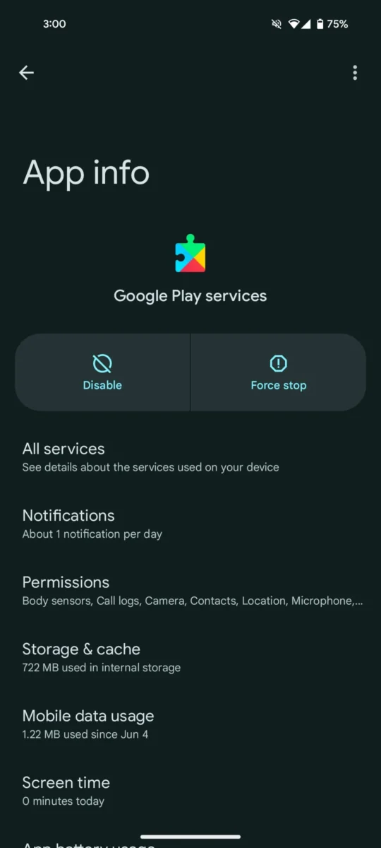 اسکرین‌شات از صفحه تنظیمات App info برای برنامه Google Play services.