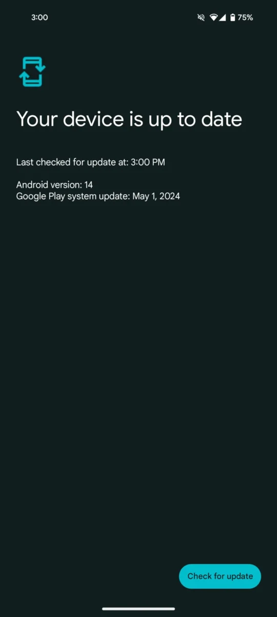 اسکرین‌شات صفحه به‌روزرسانی سیستم گوگل پلی با متن Your device is up to date.