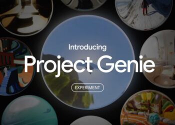 پوستر معرفی "Project Genie" گوگل با تصاویر کروی شکل از دنیاهای مجازی مختلف.