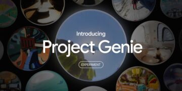 پوستر معرفی "Project Genie" گوگل با تصاویر کروی شکل از دنیاهای مجازی مختلف.