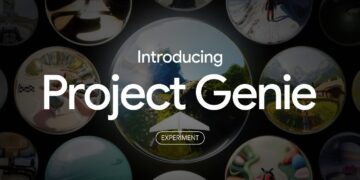 گرافیک معرفی Project Genie از Google Experiments با عنوان «Introducing Project Genie». تصویر شامل مجموعه‌ای از کره‌های بصری (spherical thumbnails) است که محیط‌های سه‌بعدی، مناظر طبیعی، فضاهای داخلی و صحنه‌های شبیه‌سازی‌شده را نمایش می‌دهند. تمرکز تصویر بر مفهوم World Sketching و تولید محیط‌های تعاملی است.