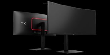 نمای جلو و پشت مانیتور گیمینگ خمیده HyperX Omen 34 با طراحی مینیمال و نورپردازی قرمز در پشت.