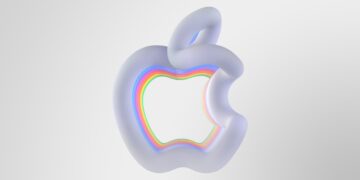 طراحی سه‌بعدی و مدرن لوگوی اپل با لایه‌های رنگین‌کمانی در مرکز.