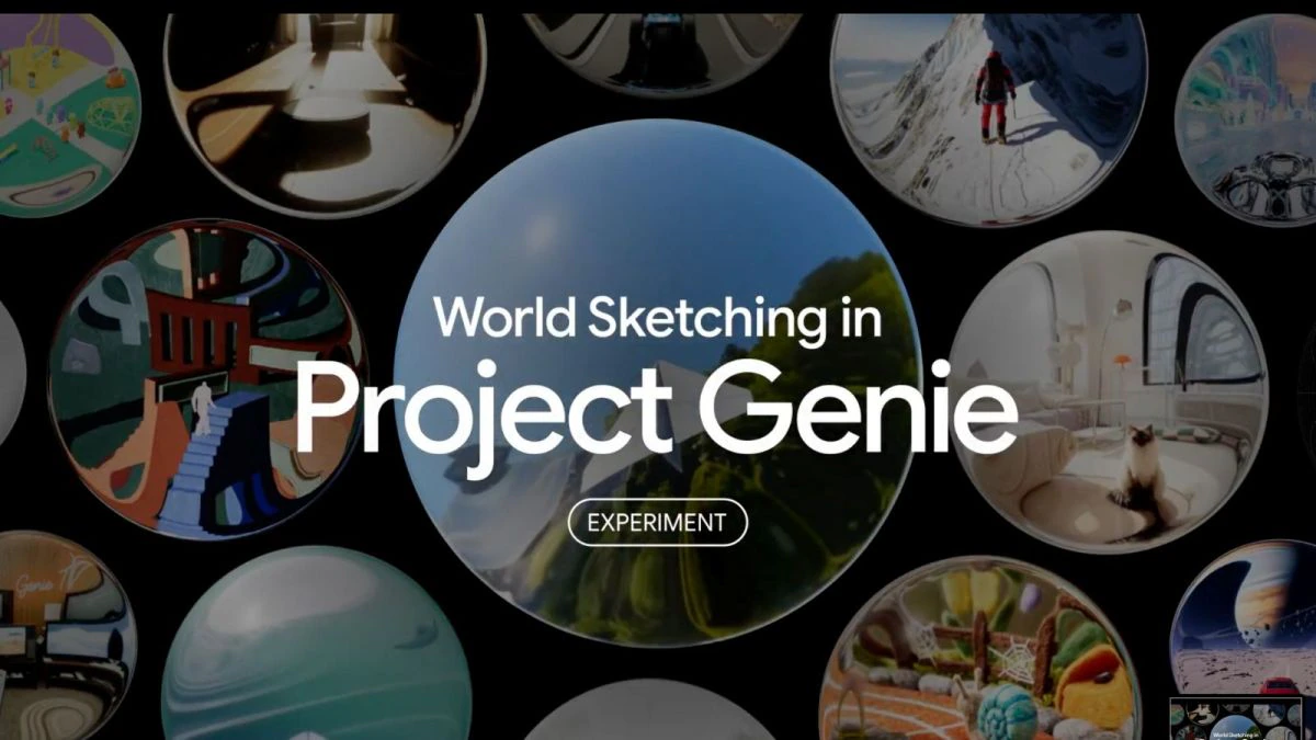 تصویر شاخص Project Genie با عنوان «World Sketching in Project Genie – Experiment». مجموعهای از کرههای تصویری با افکت عمق میدان که مناظر طبیعی، فضاهای معماری و محیطهای مجازی را نمایش میدهند. طراحی تصویر بر تولید دنیای سهبعدی توسط هوش مصنوعی تمرکز دارد.