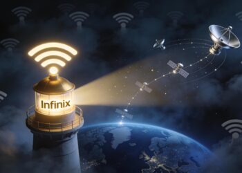 طرح گرافیکی یک فانوس دریایی با لوگوی Infinix در حال ارسال سیگنال به ماهوارههای دور زمین.