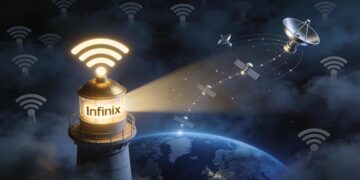 طرح گرافیکی یک فانوس دریایی با لوگوی Infinix در حال ارسال سیگنال به ماهواره‌های دور زمین.