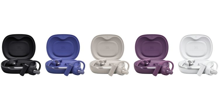 ردیفی از پنج کیس شارژ و هدفون JBL Sense Pro در رنگ‌های مشکی، آبی، بژ، بنفش و سفید.