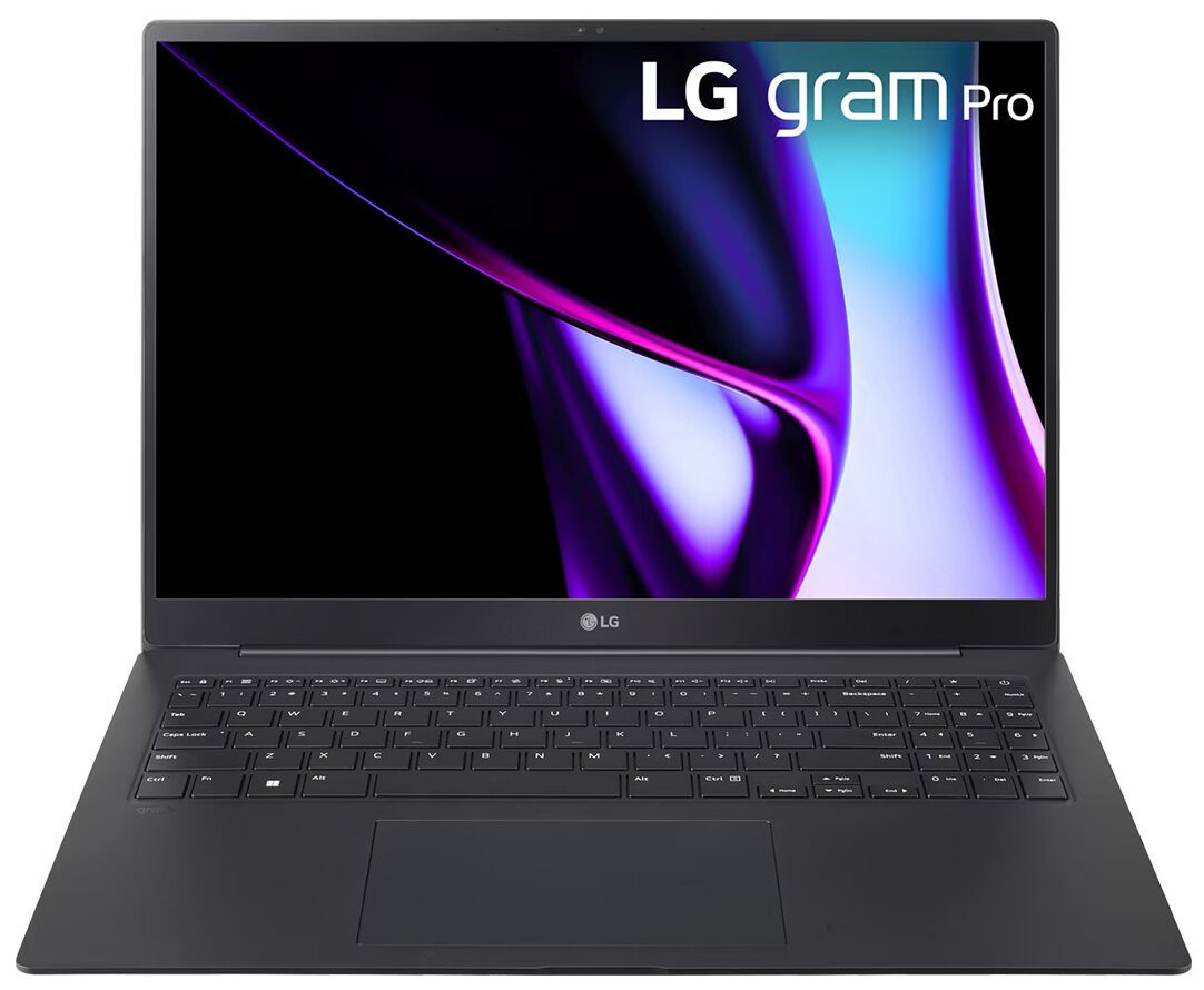 نمای باز و کامل از روبروی یک لپتاپ LG Gram Pro با بدنه مشکی و صفحهنمایش بزرگ.