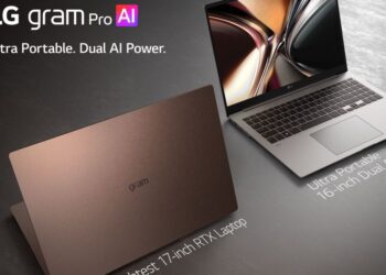 نمای تبلیغاتی دو لپ‌تاپ LG Gram Pro AI در رنگ‌های تیره و مسی که ویژگی "Dual AI Power" را نشان می‌دهد.