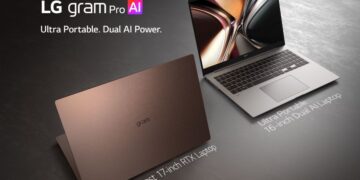 نمای تبلیغاتی دو لپ‌تاپ LG Gram Pro AI در رنگ‌های تیره و مسی که ویژگی "Dual AI Power" را نشان می‌دهد.