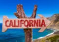 یک تابلوی راهنمای چوبی که فلش آن به سمت راست اشاره دارد و کلمه "CALIFORNIA" با رنگ قرمز روی آن نوشته شده است.