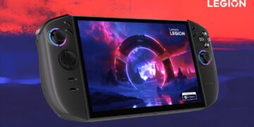 کنسول دستی Lenovo Legion Go در یک قاب تبلیغاتی با پسزمینه قرمز و آبی.