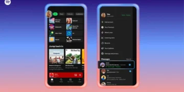 نمای رابط کاربری جدید Spotify با دو گوشی در حالت عمودی؛ سمت چپ صفحه نمایش موسیقی و لیست پادکستها، سمت راست بخش پروفایل و پیامها در منوی جانبی با نوار اعلان Listening Activity.