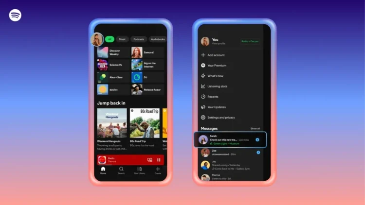 نمای رابط کاربری جدید Spotify با دو گوشی در حالت عمودی؛ سمت چپ صفحه نمایش موسیقی و لیست پادکست‌ها، سمت راست بخش پروفایل و پیام‌ها در منوی جانبی با نوار اعلان Listening Activity.