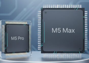 رندر گرافیکی مقایسه‌ای از دو تراشه Apple M5 Pro و Apple M5 Max در کنار هم.