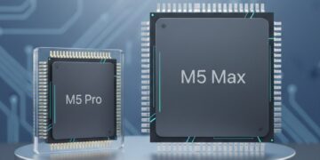 رندر گرافیکی مقایسهای از دو تراشه Apple M5 Pro و Apple M5 Max در کنار هم.