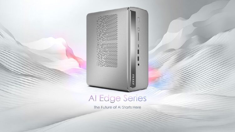 نمای جلویی و جانبی کیس نقره‌ای و مینیمال دسکتاپ MSI AI Edge Series با طراحی مشبک برای تهویه.