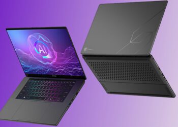 دو دستگاه لپ‌تاپ MSI Stealth 16 AI Plus که یکی نمایشگر با تم هوش مصنوعی و دیگری بدنه پشتی و زیرین دستگاه را نشان می‌دهد.