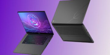 دو دستگاه لپ‌تاپ MSI Stealth 16 AI Plus که یکی نمایشگر با تم هوش مصنوعی و دیگری بدنه پشتی و زیرین دستگاه را نشان می‌دهد.