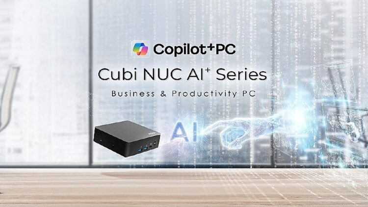 مینی پی&zwnj;سی MSI Cubi NUC AI Plus با لوگوی Copilot+ PC در پس&zwnj;زمینه دیجیتال.
