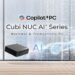 مینی پی‌سی MSI Cubi NUC AI Plus با لوگوی Copilot+ PC در پس‌زمینه دیجیتال.