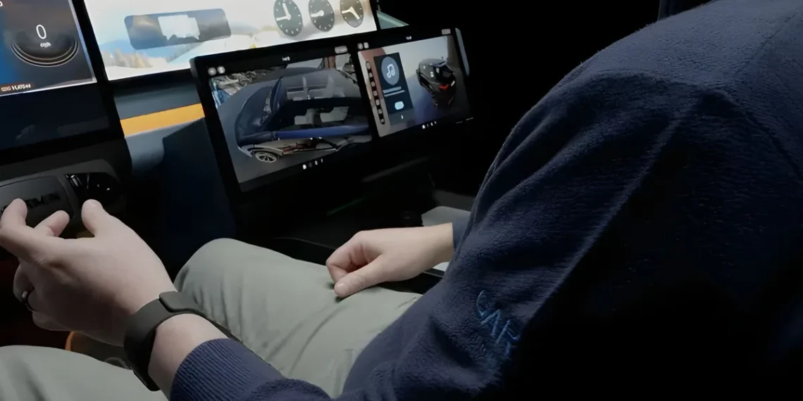 شخصی که در یک محیط شبیه‌سازی شده نشسته و چندین نمایشگر دیجیتال شناور (شامل نقشه و موسیقی) در مقابل او قرار دارد.