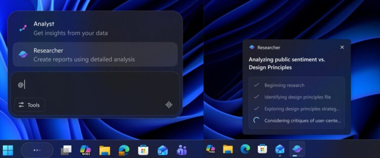 کانسپت و رابط کاربری ایجنت‌های هوش مصنوعی Analyst و Researcher در محیط ویندوز.
