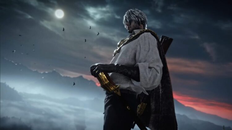 نمای نزدیک از یک کاراکتر مرد با موهای خاکستری در فضایی فانتزی و تاریک زیر نور ماه.