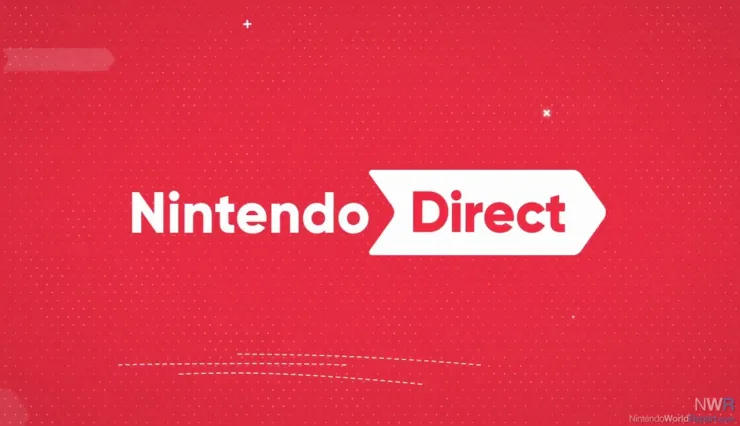 لوگوی سفید عبارت "Nintendo Direct" روی پس‌زمینه قرمز نقطه‌چین.