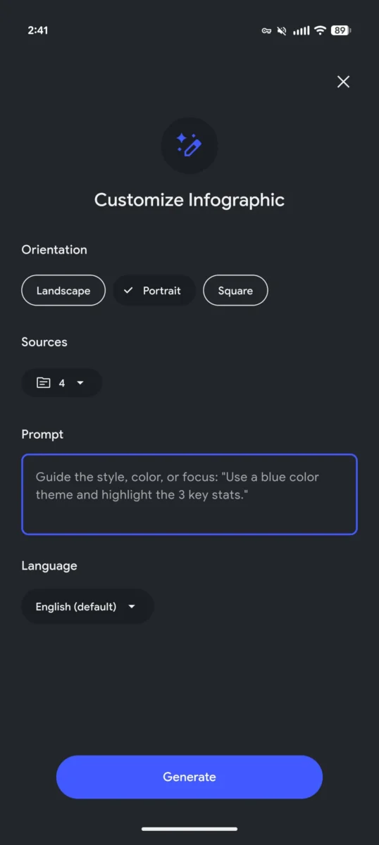 صفحه تنظیمات و شخصی‌سازی اینفوگرافیک در اپلیکیشن شامل انتخاب جهت و وارد کردن متن راهنما.