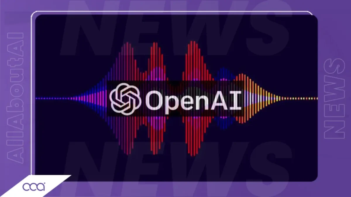 لوگوی OpenAI روی یک موج صوتی رنگی با پسزمینه بنفش و عبارت "NEWS".