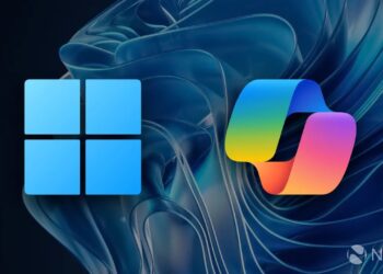 لوگوی رسمی ویندوز ۱۱ در کنار لوگوی رنگارنگ هوش مصنوعی Copilot بر روی پسزمینه آبی.